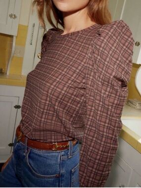 Nation LTD women’s Romy Brown Plaid puff sleeve top tartan plaid Blouse Medium